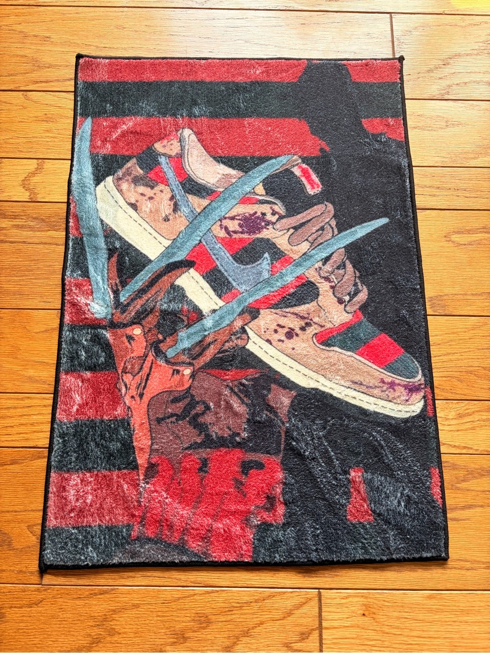 Graphic Red and Black Home Accent Rug with Sneaker Design